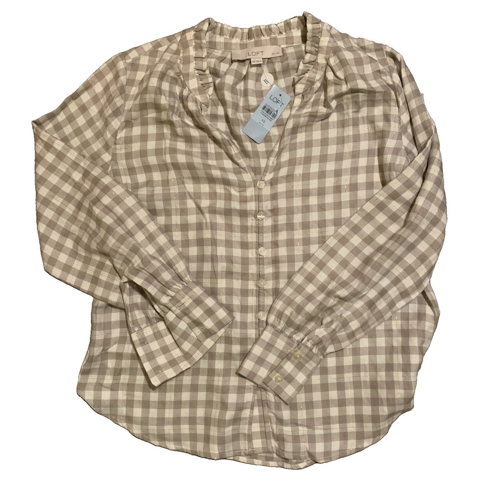 NWT Loft Womens Blouse Tan & White Plaid Long Sleeve XS Petite